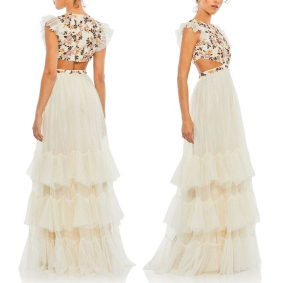 Mac Duggal 35106 Floral Embroidered Tiered Cutout Maxi Dress Cream Size 8 NWT - Picture 2 of 14
